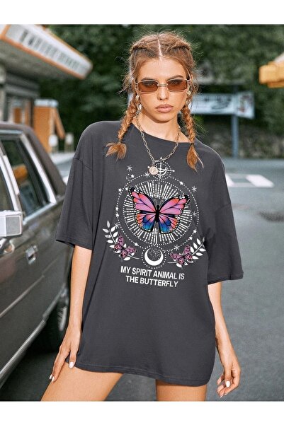 mercoledi Tricou oversize afumat cu imprimeu fluture Casual Boyfirend