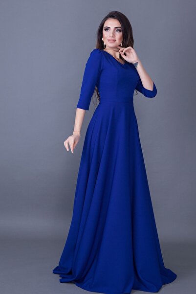 lovebox Women's Flexible Atlas Fabric V-Neck 3/4 Sleeve Maxi Saks Blue Evening Dress 257