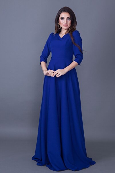 lovebox Women's Flexible Atlas Fabric V-Neck 3/4 Sleeve Maxi Saks Blue Evening Dress 257
