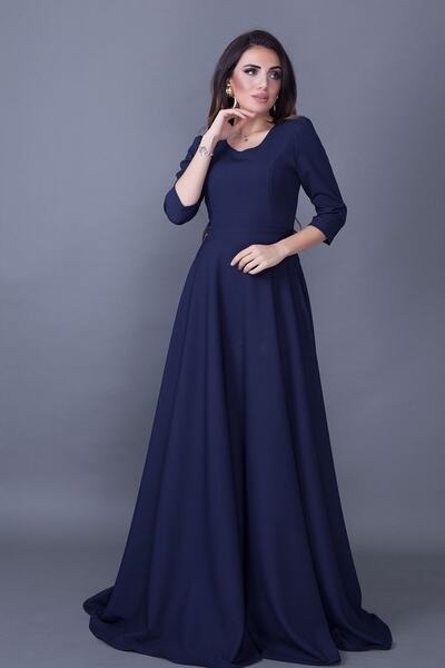 lovebox Rochie de seară maxi albastru bleumarin pentru femei, cu decolteu în V, cu mâneci 3/4, 257