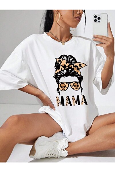 mercoledi Tricou oversize cu imprimeu Mama Leopard Casual Boyfirend