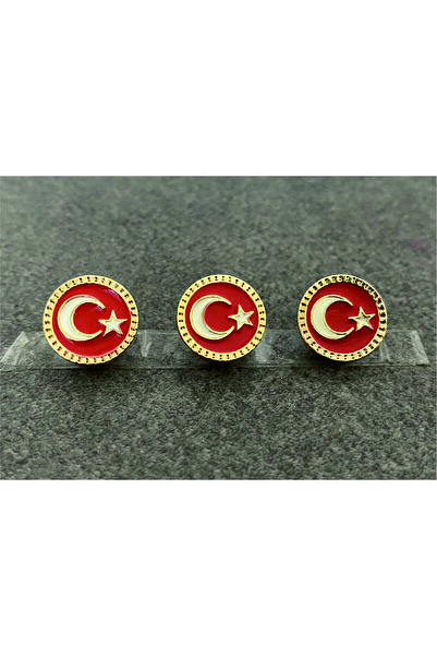 PROMOSTURKEY Yuvarlak Mineli Türk Bayrağı Gold Kaplama Rozet 3 Lü Set