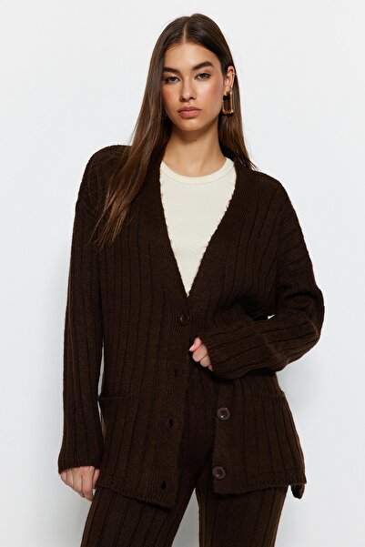 Trendyol Collection Barna, széles szabású, puha textúrájú kötöttáru felső és alsó készlet TWOAW22AU0128