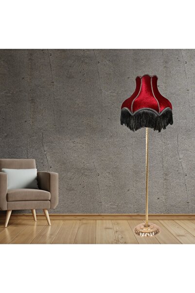 Dekovien Bordo Füme Saçak Vintage Lambader Kumaş Kaplama Gold Metal Ayak Lm0125