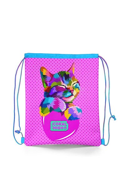 Coral High Kids Pink Blue Cat Patterned Drawstring Smocked Backpack 22486