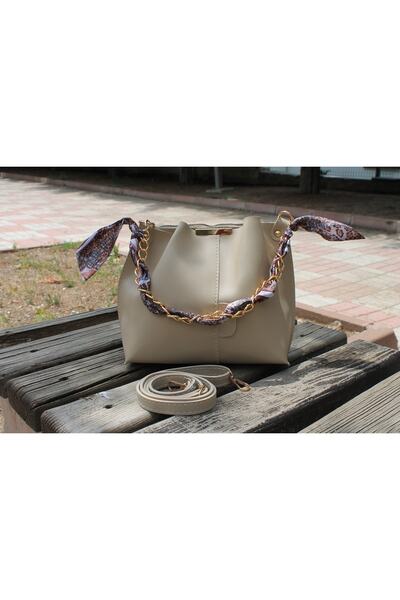 fiestabag Soft Leather Women's Bag - With Scarf, Chain Accessory, 3 Compartments, For Hand, Arm and Shoulder