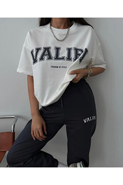 Machetta Büyük Beden Beyaz Siyah Valiri Baskılı Eşofman T-shirt Yazlık Takım