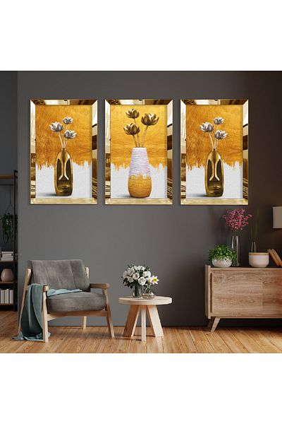 Zevahir Mobilya Dekorasyon Βάζο Flower Abstract Pattern Gold Plexi Edge Τριπλό Σετ ζωγραφικής MDF