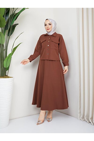 Moda Krash Σετ διπλή κρεπ καφέ φούστα