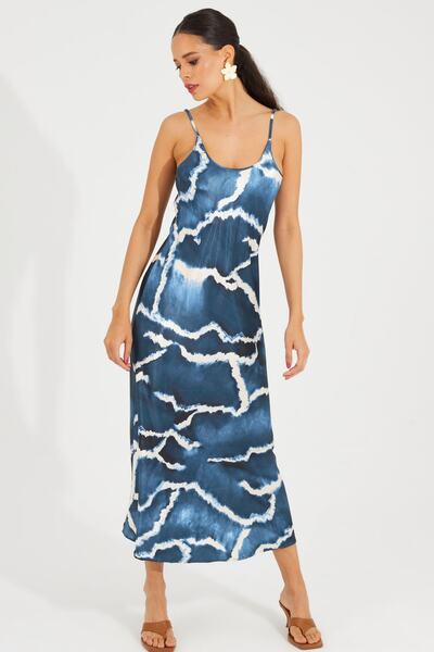 Cool & Sexy Indigoblaues Satin-Batik-Midikleid für Damen RMZ101