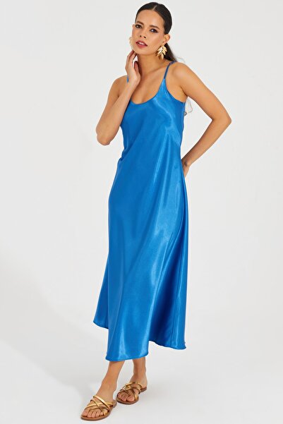 Cool & Sexy Damen-Midikleid aus Indigo-Satin mit Trägern RMZ103