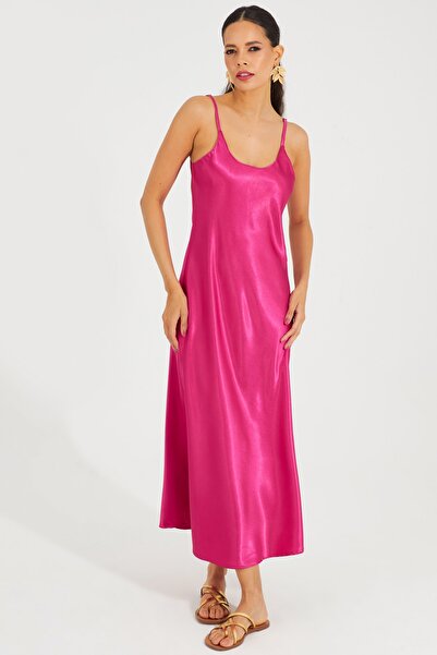 Cool & Sexy Fuchsiafarbenes Midikleid mit Satinträgern für Damen RMZ103