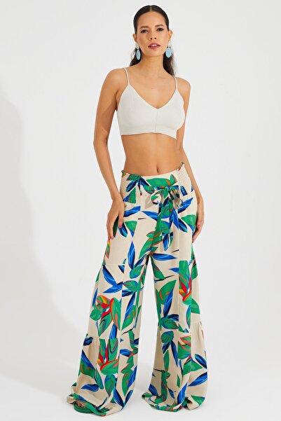 Cool & Sexy Women's Ecru-Green Elastic Waist Patterned Palazzo Trousers ÖM1102