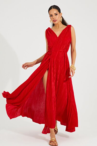 Cool & Sexy Γυναικείο μάξι φόρεμα κόκκινο διπλό με πλισέ BK1649