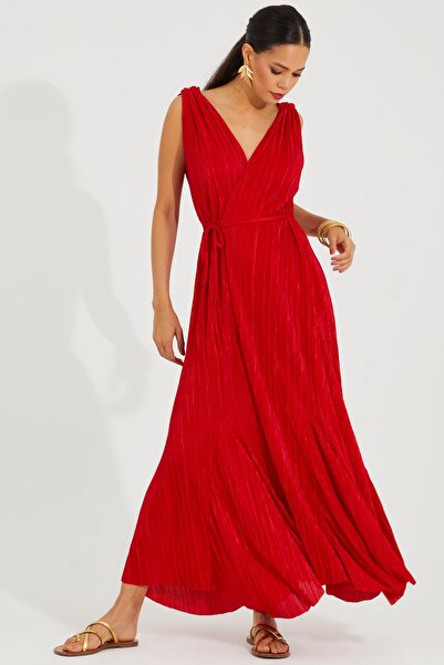 Cool & Sexy Γυναικείο μάξι φόρεμα κόκκινο διπλό με πλισέ BK1649