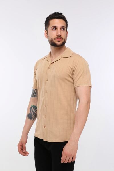 THE BRANDS 4 Erkek Bej Desenli Pamuklu Yazlık Kısa Kollu Gömlek