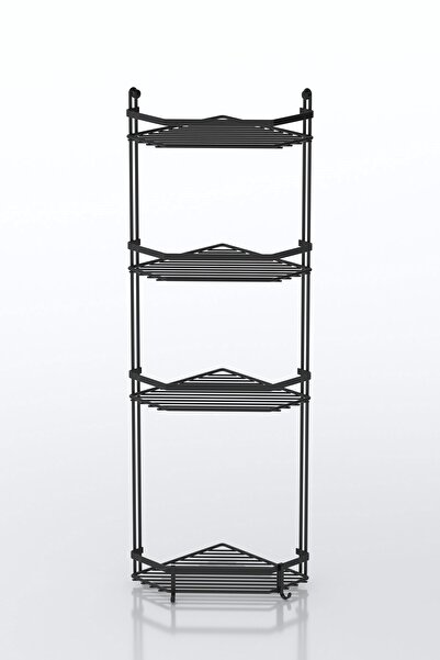 Teknotel Mat Siyah Dört Katlı Kancalı Banyo Köşe Rafı Es059h