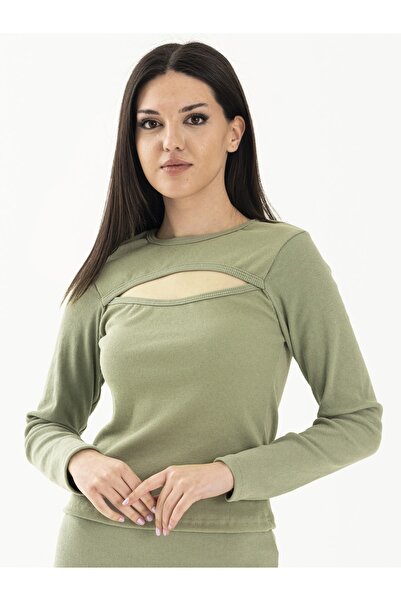 Teseteks Kadın Göğüs Dekolteli %100 Pamuk Fitilli Bluz Kemer Üstü