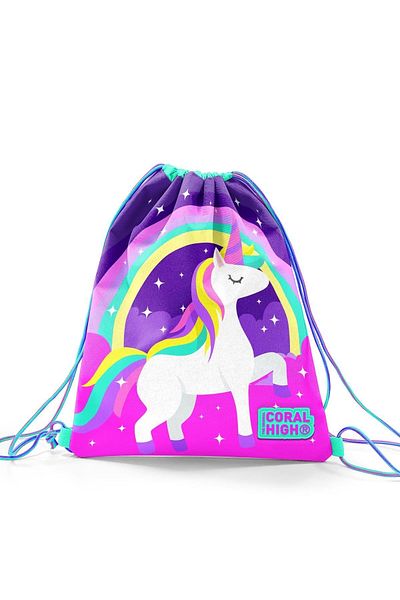 Coral High Kids Purple Aqua Green Unicorn Patterned Drawstring Drawstring Backpack 22483