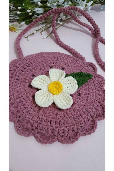 Kadın Girişimciler Atölyesi Bag Daisy Motif Dried Rose Color Handmade Knitted Bag