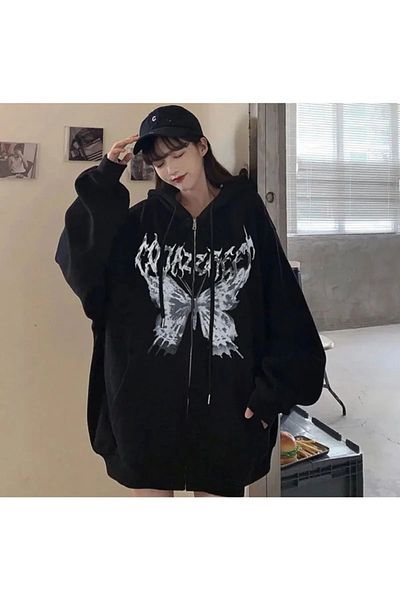 Gofeel Moroccan Anime Gothic Butterfly Black Unisex Zip Hooded Sweatshirt