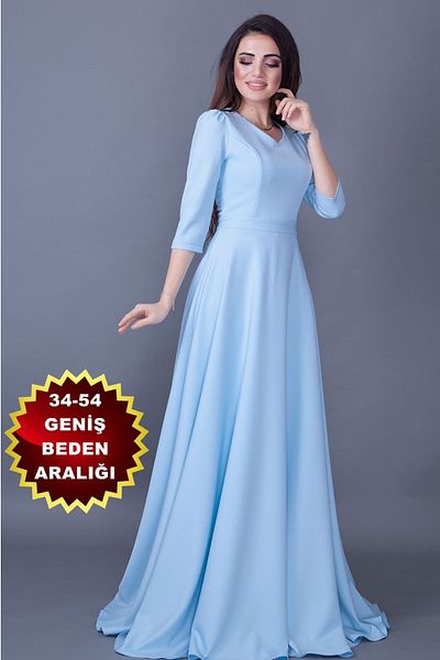 vuvutasarım Rochie de seară de damă flexibilă Atlas, cu decolteu în V, cu mâneci 3/4, lungime maxi, albastru bebeluș 257