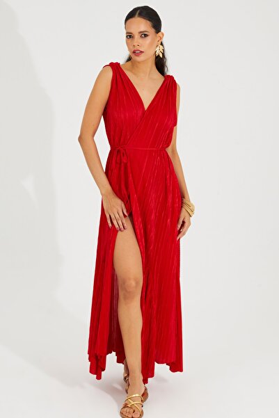 Cool & Sexy Γυναικείο μάξι φόρεμα κόκκινο διπλό με πλισέ BK1649