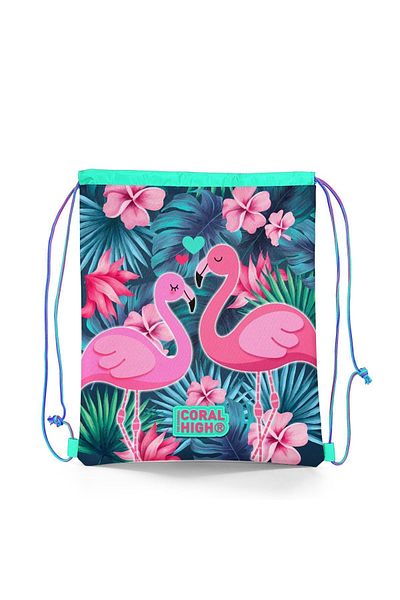 Coral High Kids Neon Coral Water Green Flamingo Patterned Drawstring Drawstring Backpack 22484