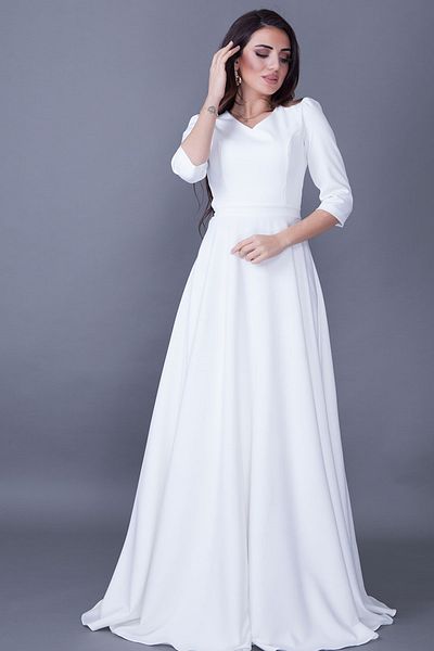 lovebox Rochie de seară, albă, maxi, cu decolteu în V, cu mâneci 3/4 pentru femei, țesătură Atlas 257