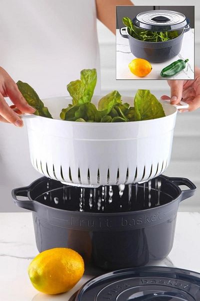 Open Home Concept Round Pot Model Fruit and Vegetable Storage Container with Strainer Anthracite