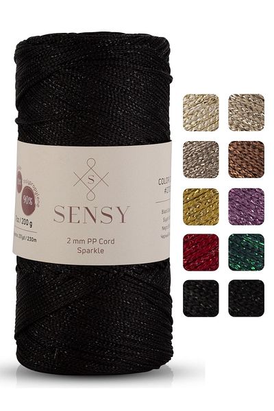 SENSY Premium Glitter 200 Gr Poliester Macrame Frânghie Negru 2 Mm - 230 M Frânghie pentru încărcător și ață pentru sac