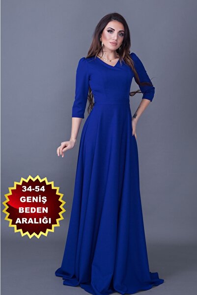 lovebox Women's Flexible Atlas Fabric V-Neck 3/4 Sleeve Maxi Saks Blue Evening Dress 257