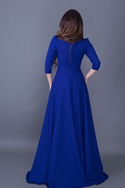 lovebox Women's Flexible Atlas Fabric V-Neck 3/4 Sleeve Maxi Saks Blue Evening Dress 257