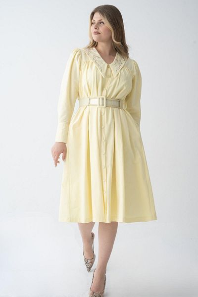 Nelly Plus Size Collar Embroidered Buttoned Yellow Dress