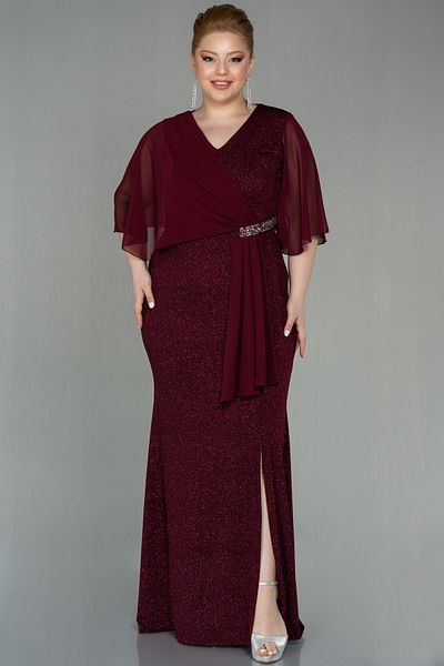 Abiyefon Burgundy Chiffon Short Sleeve Long Glitter Plus Size Evening Dress Abu2979