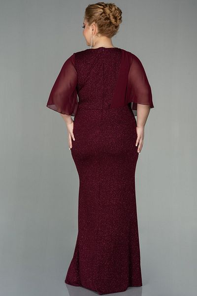 Abiyefon Burgundy Chiffon Short Sleeve Long Glitter Plus Size Evening Dress Abu2979