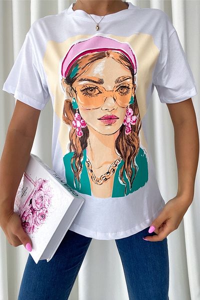 FEMELLE Tricou alb din bumbac imprimat nou sezon pentru femei