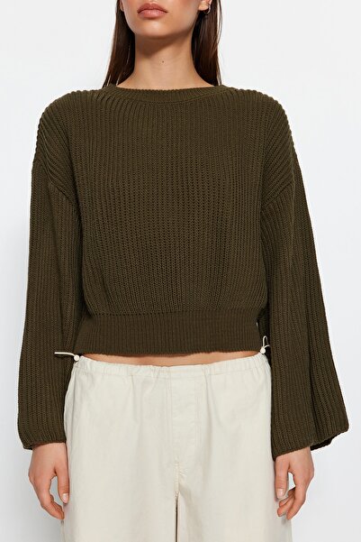 Trendyol Collection Khaki Crop Wide Fit Španělský svetr s rukávem TWOAW20KZ0743