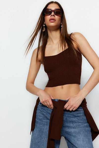 Trendyol Collection Καφέ Crop Tie Λεπτομερής Σετ Πλεκτά Μπλούζα-Ζακέτα TWOSS21HI0002