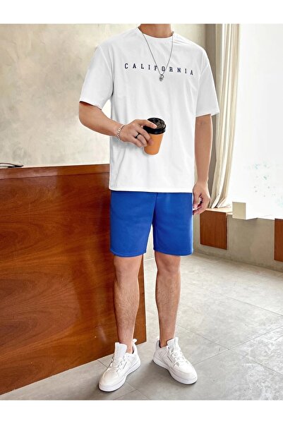 Machetta Plus Size White Blue Califrnia Printed Blue Shorts T-shirt Summer Suit