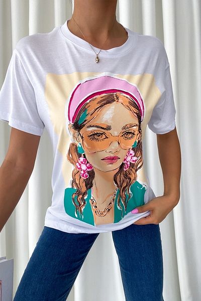 FEMELLE Tricou alb din bumbac imprimat nou sezon pentru femei