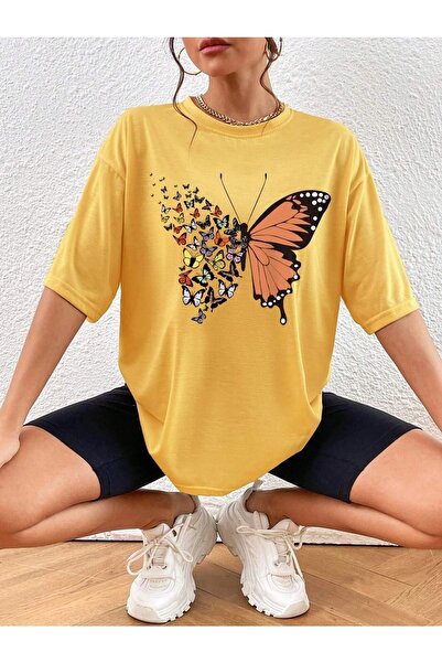 mercoledi Tricou oversize pentru femei cu imprimeu fluture galben Casual Boyf...