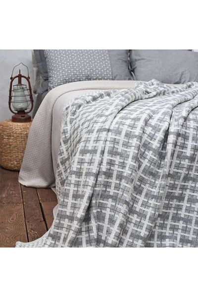 Betires Home Plaid Patterned Knitted Blanket Ecru - Gray