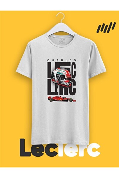 MAGORS Unisex Bisiklet Yaka Pamuklu Charles Leclerc Kask Baskılı Standart Kalıp T-shirt