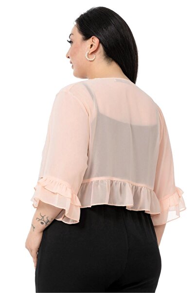 DISENTIS MODEST Plus Size Front Double Layer Sleeve And Back Ruffle Chiffon Powder Bolero