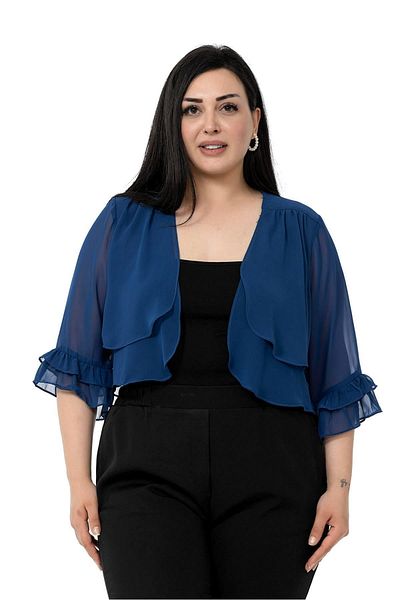 DISENTIS MODEST Plus Size Front Double Layer Sleeve And Back Ruffle Chiffon Navy Blue Bolero