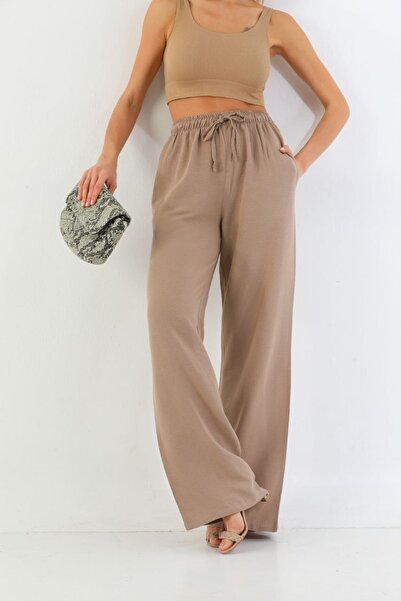 Lin Collection Γυναικείο λινό παντελόνι σε καφέ χρώμα με ελαστική μέση και τσ...