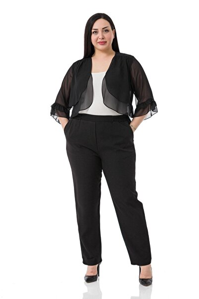 DISENTIS MODEST بوليرو شيفون أسود كبير الحجم مع أكمام أمامية مزدوجة الطبقات و...