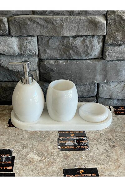 Polen Stone Beyaz Doğal Mermer Gümüş Aksesuarlı Oval 4'lü Elips Tepsili Banyo...