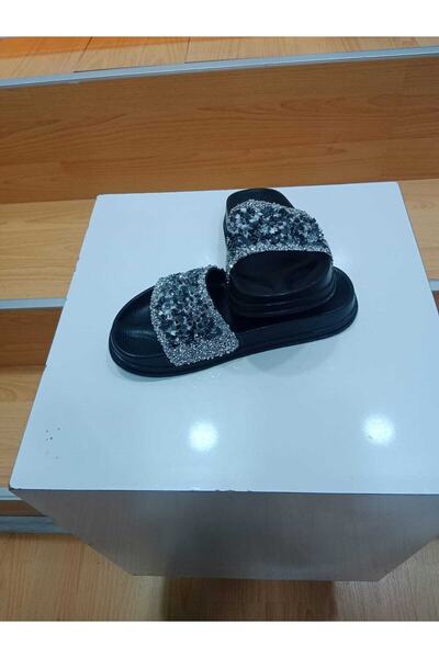 NUR TEKSTİL Kadın Gümüş Soft Taban Taşlı Günlük Terlik